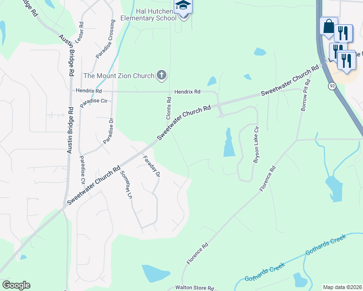map of restaurants, bars, coffee shops, grocery stores, and more near 105 Deering Drive in Douglasville