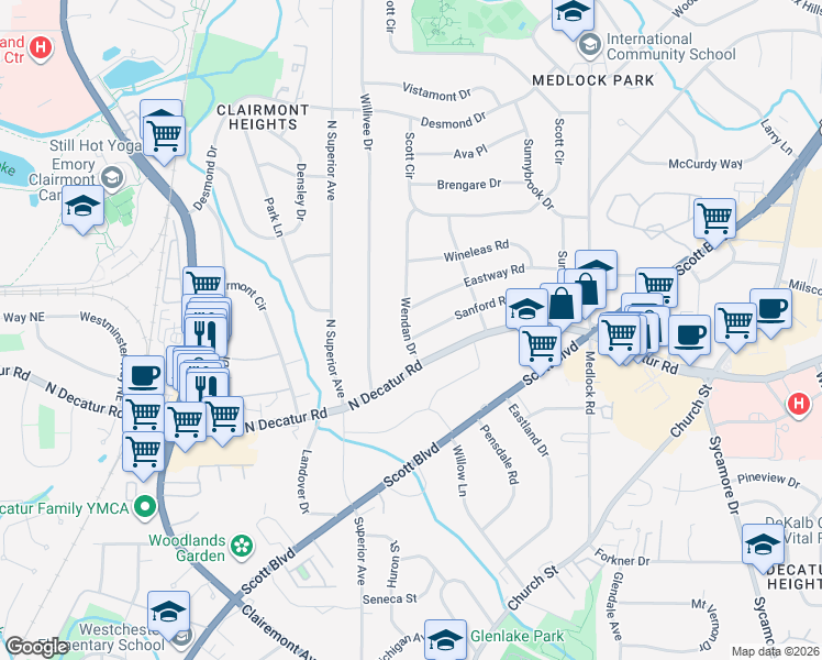 map of restaurants, bars, coffee shops, grocery stores, and more near 2252 Sanford Road in Decatur