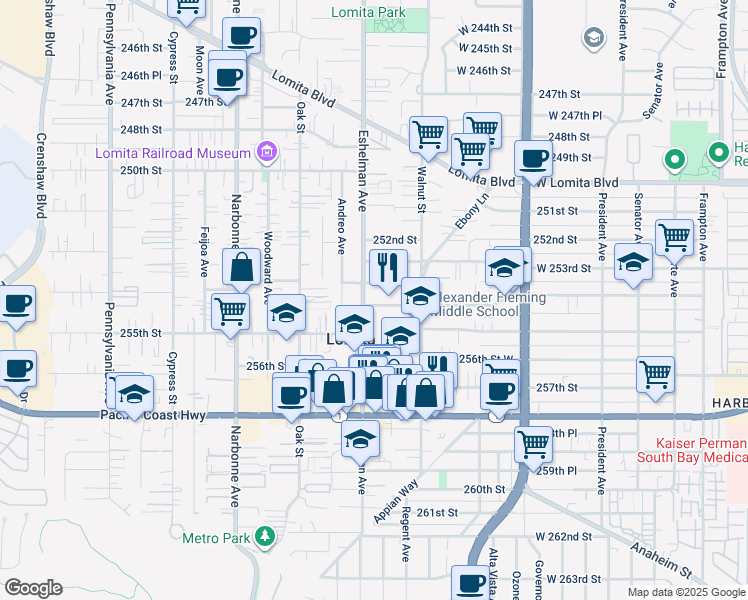 map of restaurants, bars, coffee shops, grocery stores, and more near 1959 254th Street in Lomita