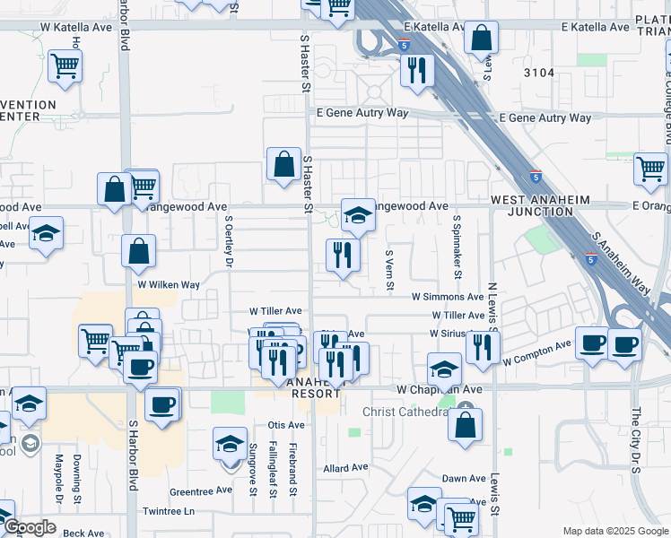 map of restaurants, bars, coffee shops, grocery stores, and more near 142 East Wilken Way in Anaheim