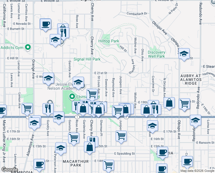 map of restaurants, bars, coffee shops, grocery stores, and more near 2205 East 20th Street in Signal Hill