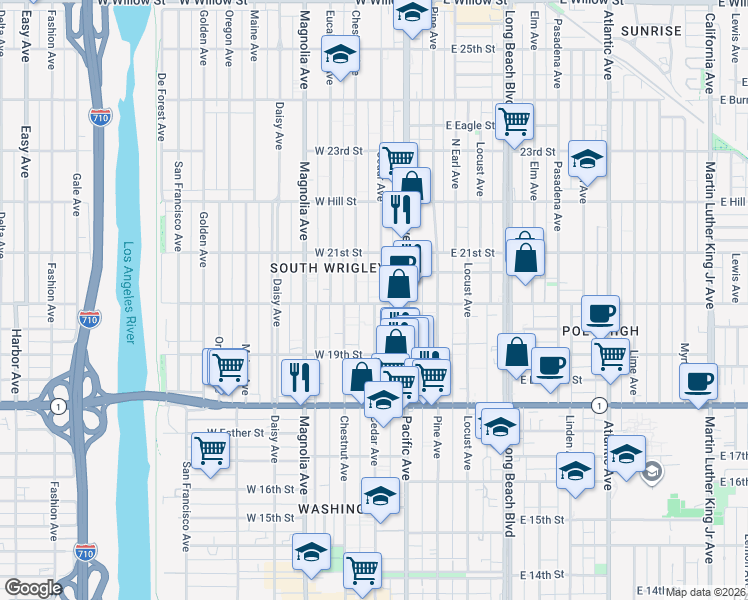 map of restaurants, bars, coffee shops, grocery stores, and more near 311 West 20th Street in Long Beach