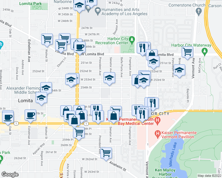 map of restaurants, bars, coffee shops, grocery stores, and more near 25410 Senator Avenue in Los Angeles