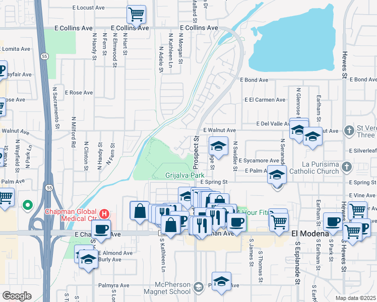 map of restaurants, bars, coffee shops, grocery stores, and more near 1 East Carisbrooke in Orange