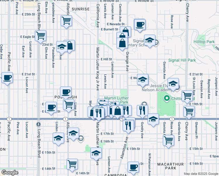 map of restaurants, bars, coffee shops, grocery stores, and more near 1073 East 20th Street in Long Beach