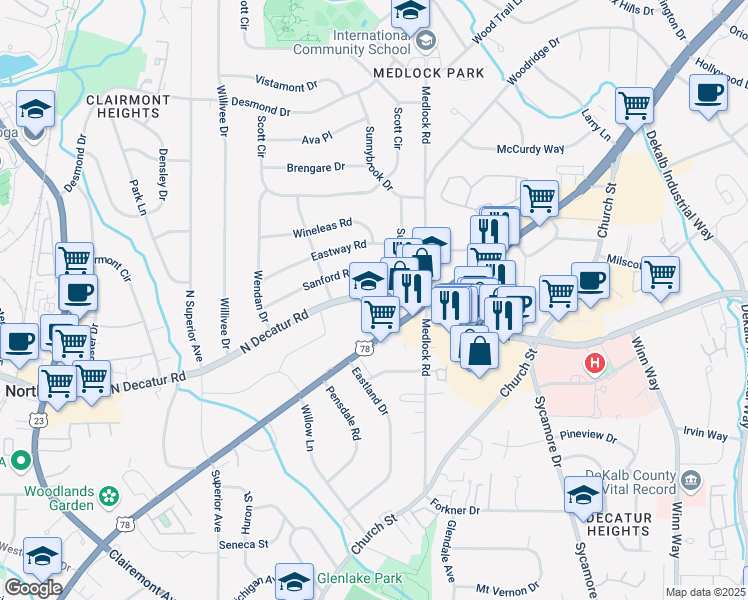 map of restaurants, bars, coffee shops, grocery stores, and more near 2453 North Decatur Road in Decatur