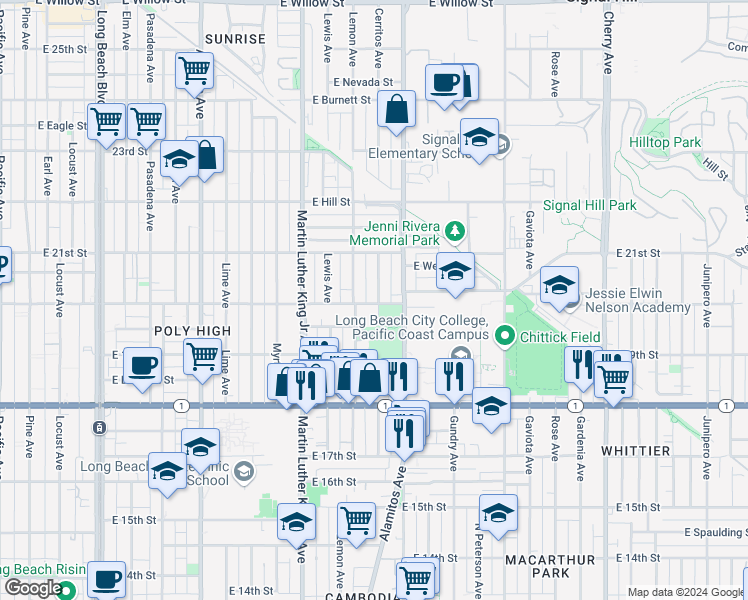 map of restaurants, bars, coffee shops, grocery stores, and more near 2005 Cerritos Avenue in Long Beach
