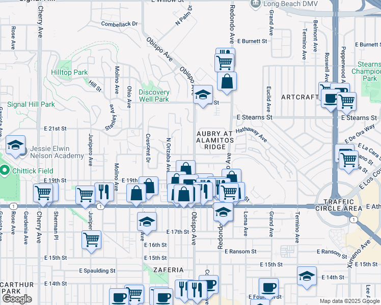 map of restaurants, bars, coffee shops, grocery stores, and more near 2001 Obispo Avenue in Long Beach