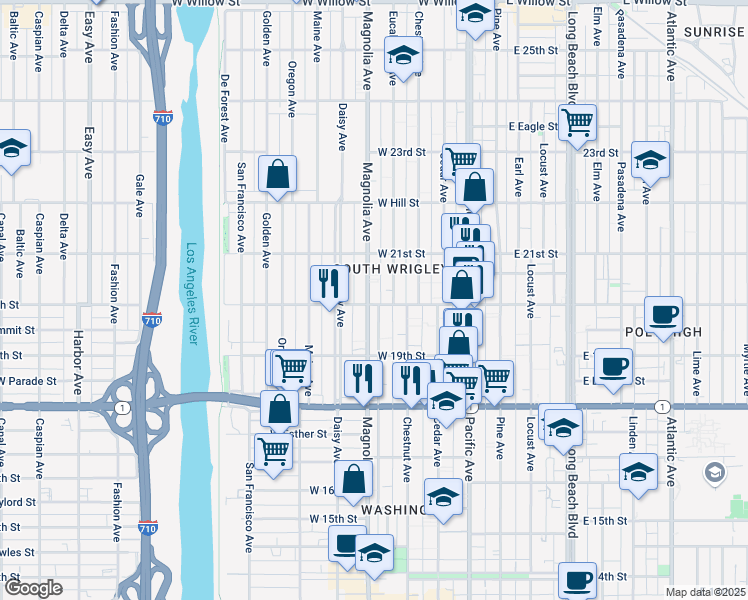 map of restaurants, bars, coffee shops, grocery stores, and more near 459 West 20th Street in Long Beach