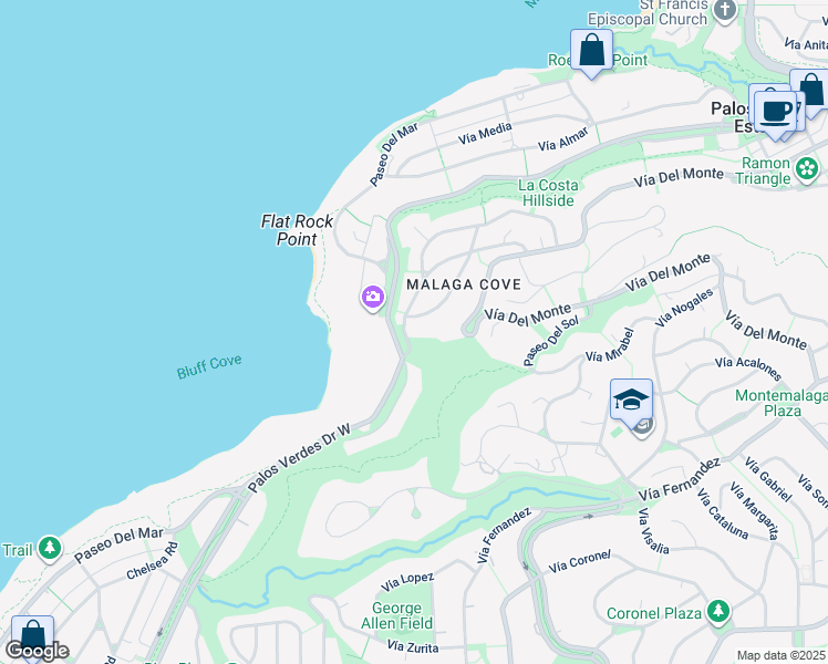 map of restaurants, bars, coffee shops, grocery stores, and more near 1400 Vía Montemar in Palos Verdes Estates