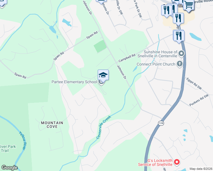 map of restaurants, bars, coffee shops, grocery stores, and more near 4350 Campbell Road in Snellville