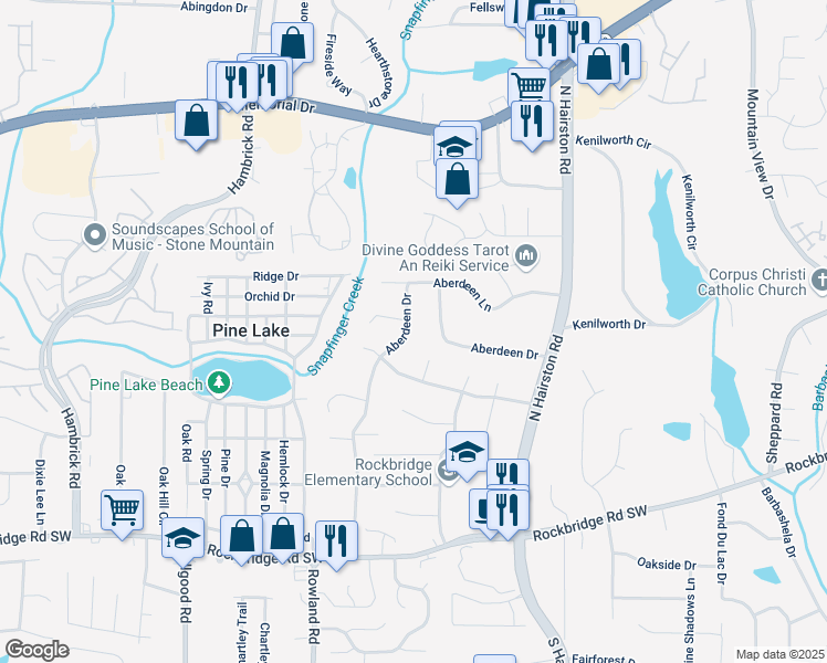 map of restaurants, bars, coffee shops, grocery stores, and more near 571 Aberdeen Drive in Stone Mountain