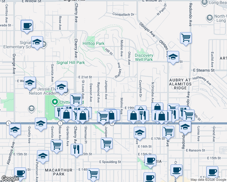 map of restaurants, bars, coffee shops, grocery stores, and more near 2497 East 20th Street in Signal Hill