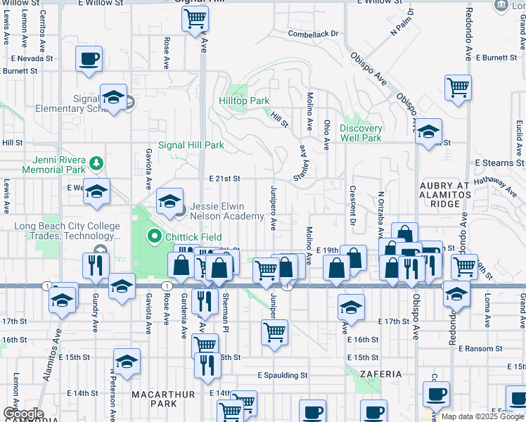 map of restaurants, bars, coffee shops, grocery stores, and more near 2311 East 20th Street in Long Beach