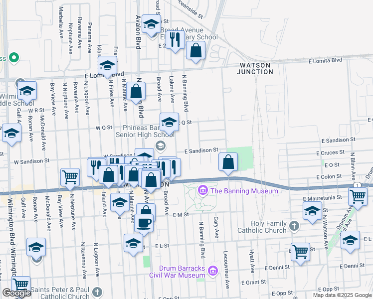 map of restaurants, bars, coffee shops, grocery stores, and more near 1501 North Banning Boulevard in Los Angeles