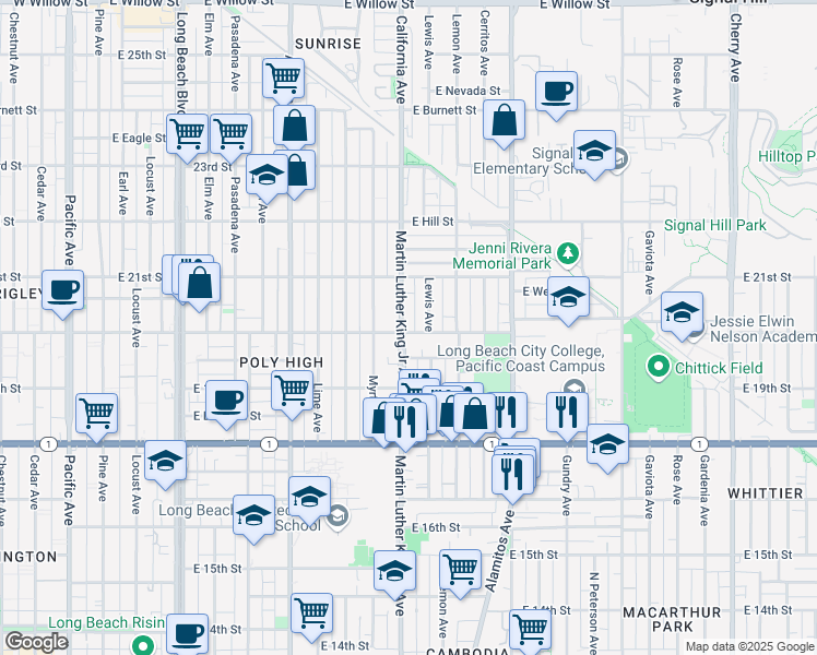 map of restaurants, bars, coffee shops, grocery stores, and more near 1003a East 20th Street in Long Beach