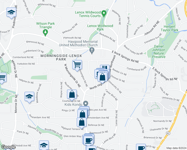 map of restaurants, bars, coffee shops, grocery stores, and more near 1419 Lanier Place Northeast in Atlanta