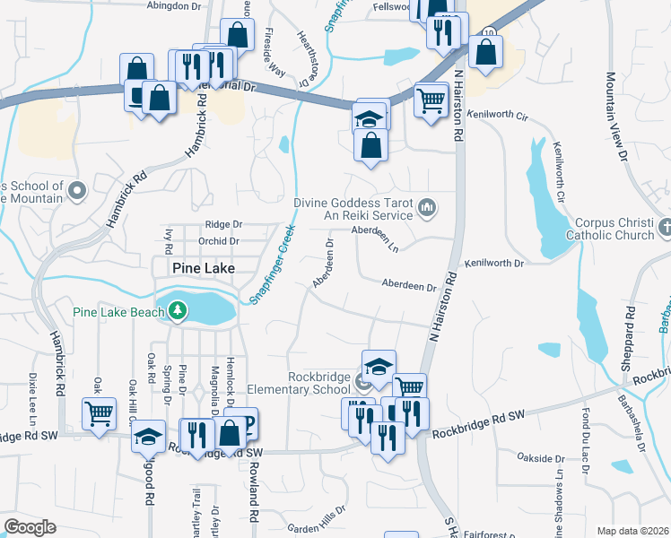 map of restaurants, bars, coffee shops, grocery stores, and more near 571 Aberdeen Drive in Stone Mountain