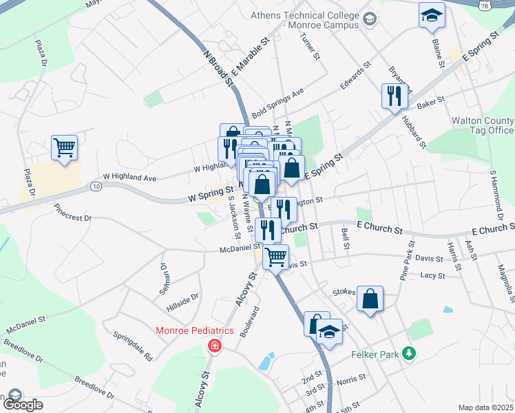 map of restaurants, bars, coffee shops, grocery stores, and more near 140 South Broad Street in Monroe