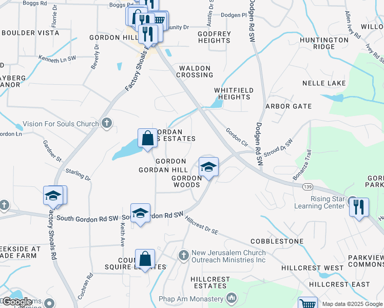 map of restaurants, bars, coffee shops, grocery stores, and more near 6571 Gordon Hills Drive Southwest in Mableton