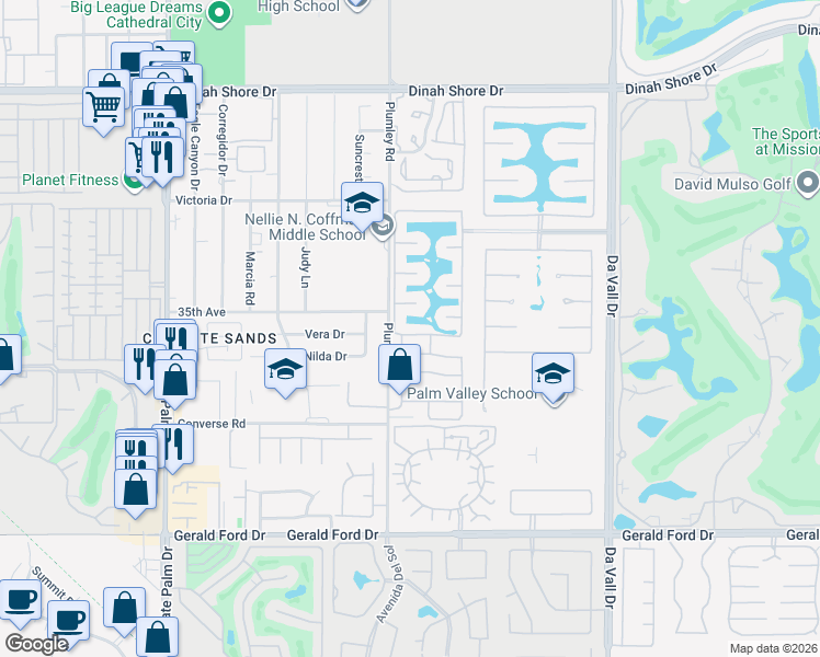 map of restaurants, bars, coffee shops, grocery stores, and more near 59 Shoreline Drive in Rancho Mirage