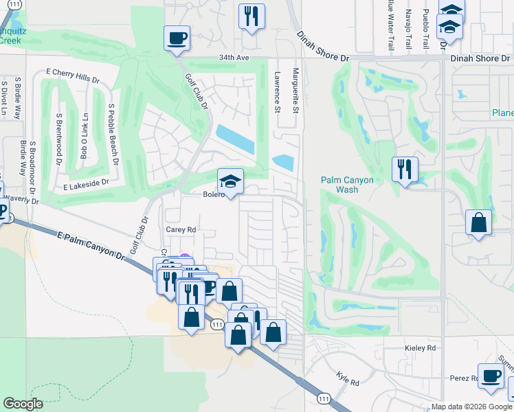 map of restaurants, bars, coffee shops, grocery stores, and more near 273 Encino Drive in Palm Springs