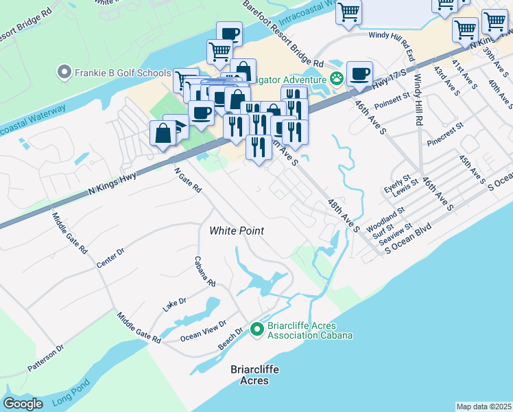 map of restaurants, bars, coffee shops, grocery stores, and more near 2157 Ocean Creek Drive in Myrtle Beach