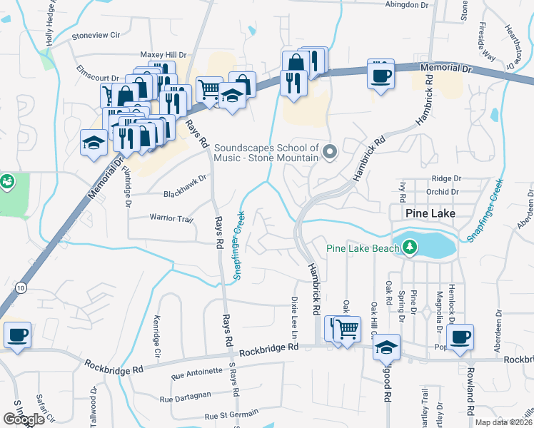 map of restaurants, bars, coffee shops, grocery stores, and more near 596 Pawnee Court in Stone Mountain