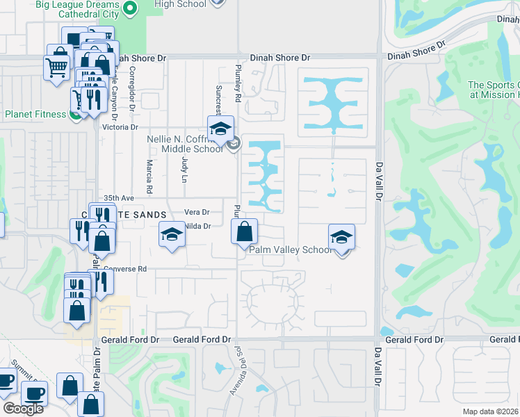 map of restaurants, bars, coffee shops, grocery stores, and more near 59 Shoreline Drive in Rancho Mirage