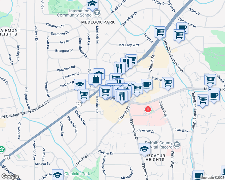 map of restaurants, bars, coffee shops, grocery stores, and more near 591 Scott Boulevard in Decatur
