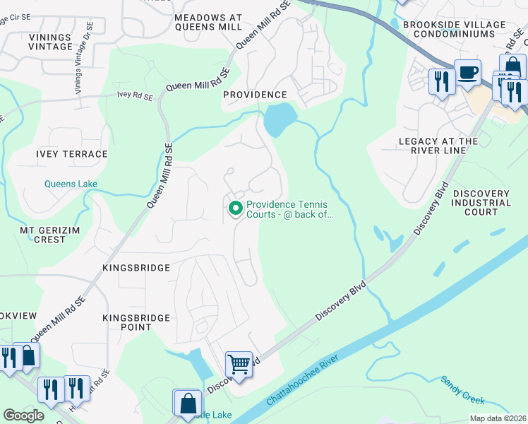 map of restaurants, bars, coffee shops, grocery stores, and more near 999 Regal Hills Lane in Mableton
