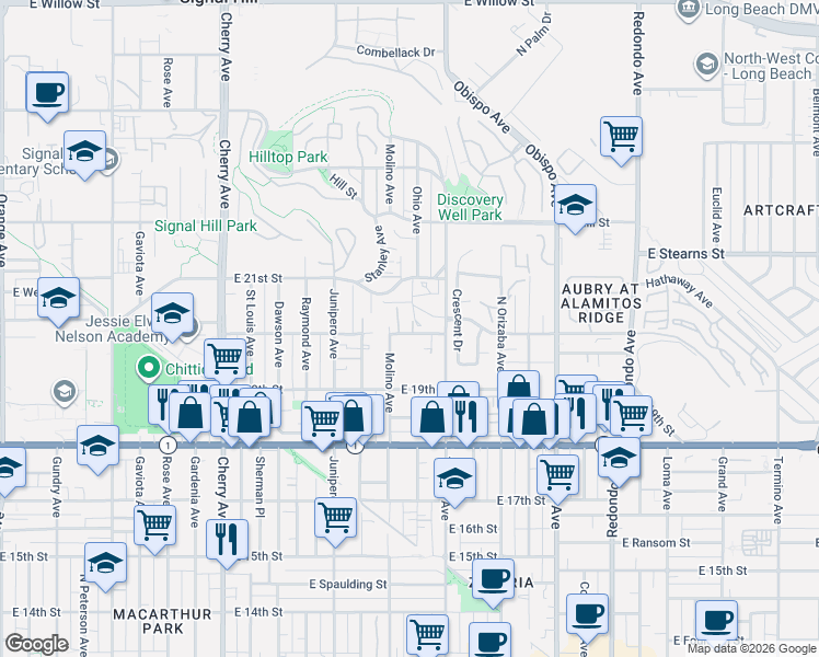 map of restaurants, bars, coffee shops, grocery stores, and more near 2699 East 20th Street in Signal Hill