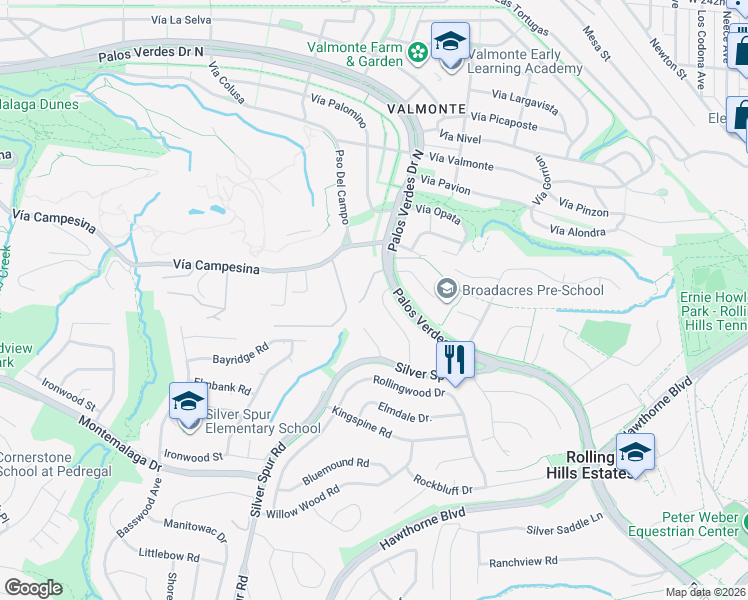 map of restaurants, bars, coffee shops, grocery stores, and more near 5042 Rolling Meadows Road in Rolling Hills Estates