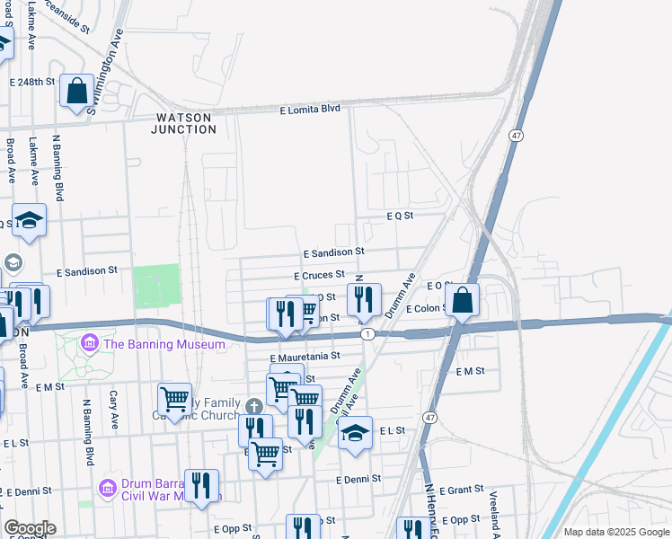 map of restaurants, bars, coffee shops, grocery stores, and more near 1413 East Cruces Street in Los Angeles
