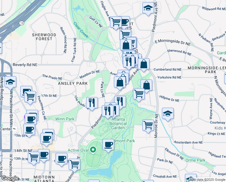 map of restaurants, bars, coffee shops, grocery stores, and more near 232 Westminster Drive Northeast in Atlanta