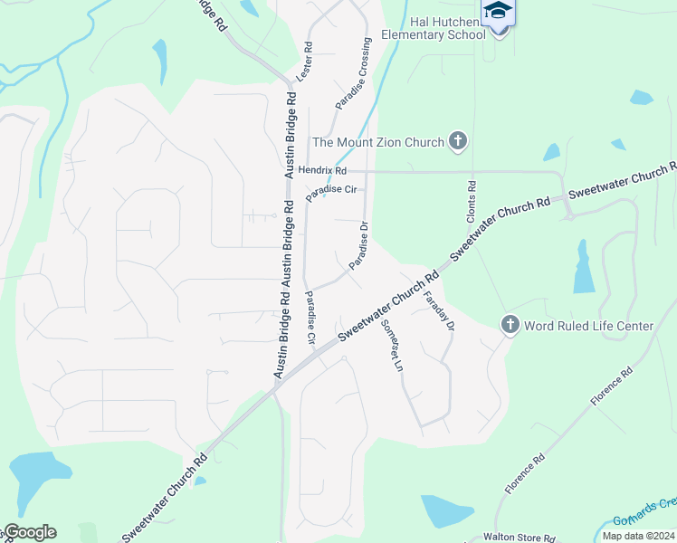 map of restaurants, bars, coffee shops, grocery stores, and more near 107 Paradise Drive in Douglasville
