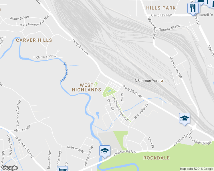 map of restaurants, bars, coffee shops, grocery stores, and more near Stanfield Ave & Odessa Dr in Atlanta