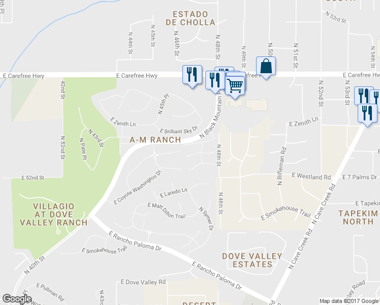 map of restaurants, bars, coffee shops, grocery stores, and more near 4706 East Woburn Lane in Cave Creek