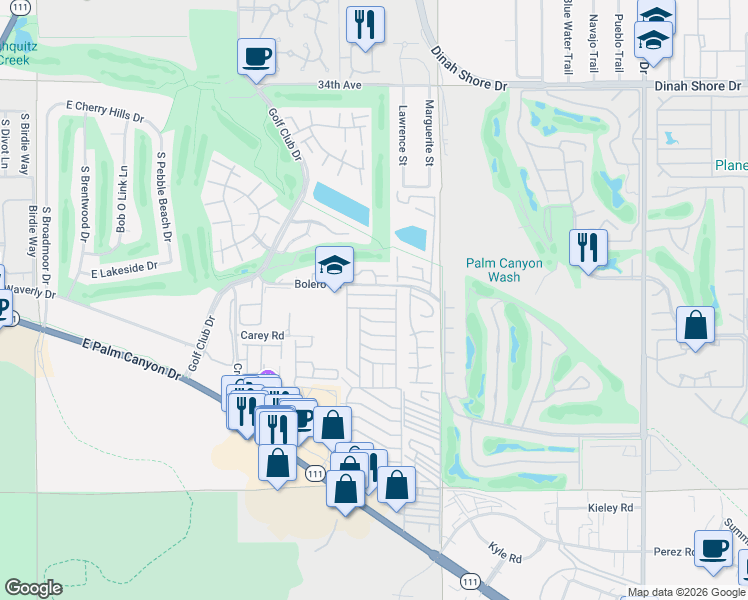 map of restaurants, bars, coffee shops, grocery stores, and more near 273 Encino Drive in Palm Springs