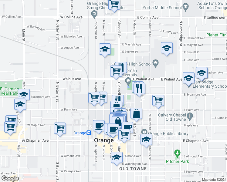 map of restaurants, bars, coffee shops, grocery stores, and more near 402 North Glassell Street in Orange