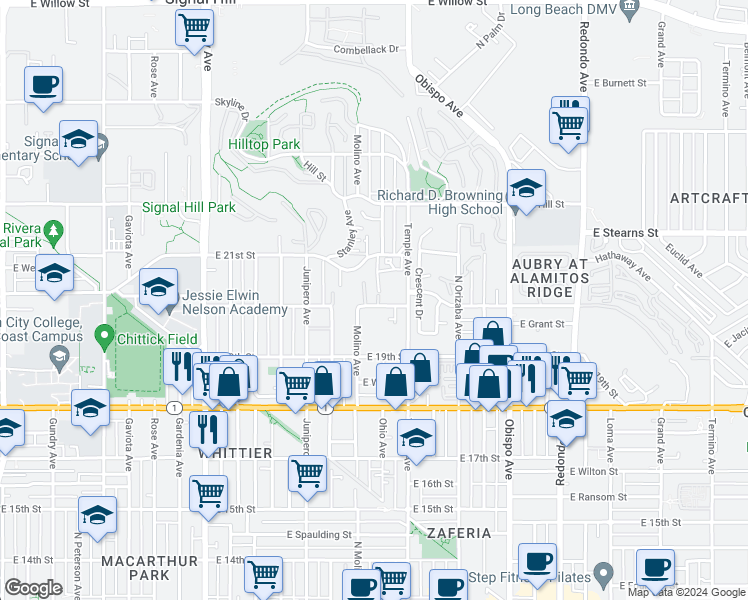 map of restaurants, bars, coffee shops, grocery stores, and more near 2001 Molino Avenue in Signal Hill