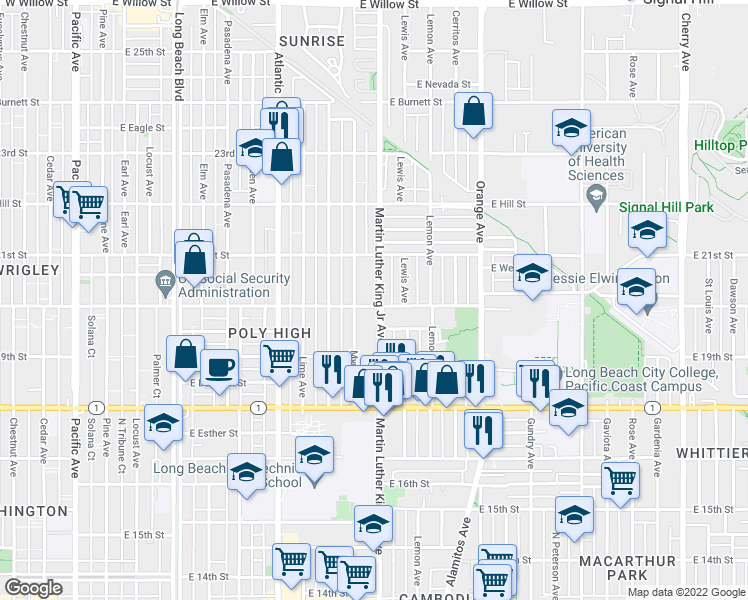 map of restaurants, bars, coffee shops, grocery stores, and more near 1003a East 20th Street in Long Beach