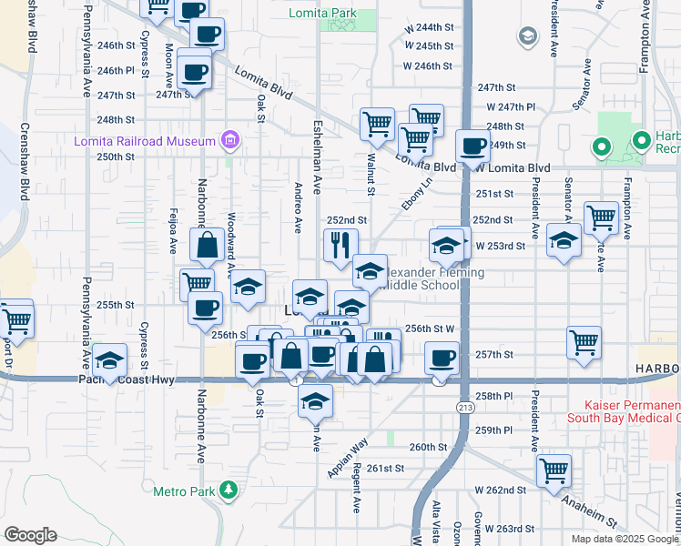 map of restaurants, bars, coffee shops, grocery stores, and more near 1959 254th Street in Lomita