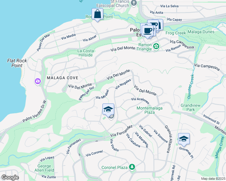 map of restaurants, bars, coffee shops, grocery stores, and more near 1012 Vía Mirabel in Palos Verdes Estates