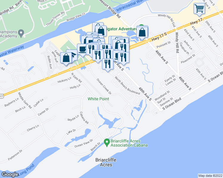 map of restaurants, bars, coffee shops, grocery stores, and more near 4928 Old Appleton Way in North Myrtle Beach