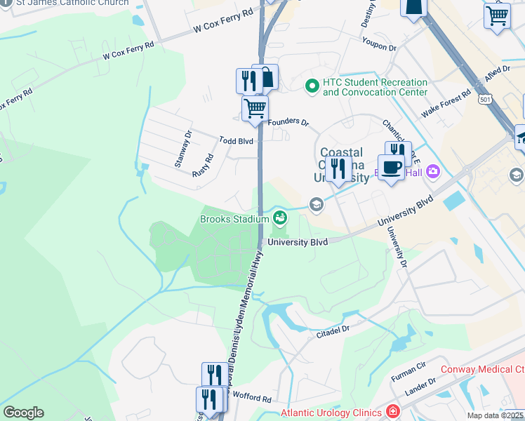 map of restaurants, bars, coffee shops, grocery stores, and more near 878 South Carolina 544 in Conway