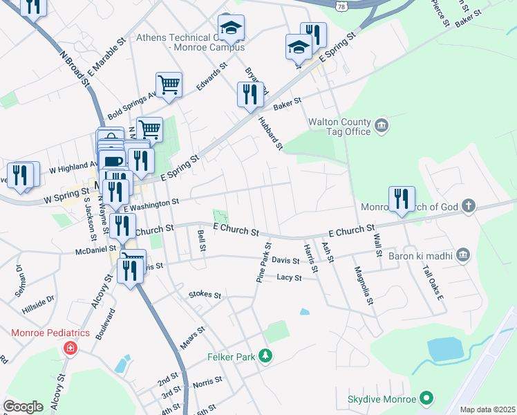 map of restaurants, bars, coffee shops, grocery stores, and more near 219 Felker Street in Monroe