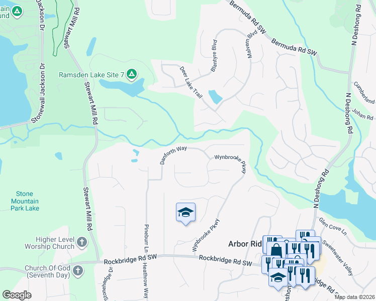 map of restaurants, bars, coffee shops, grocery stores, and more near 6791 Danforth Way in Stone Mountain