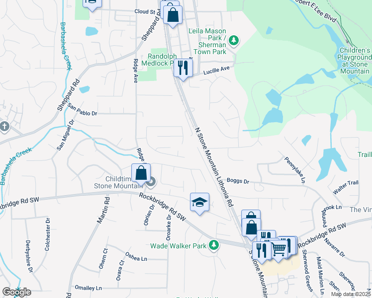 map of restaurants, bars, coffee shops, grocery stores, and more near 5420 Ridge Forest Drive in Stone Mountain