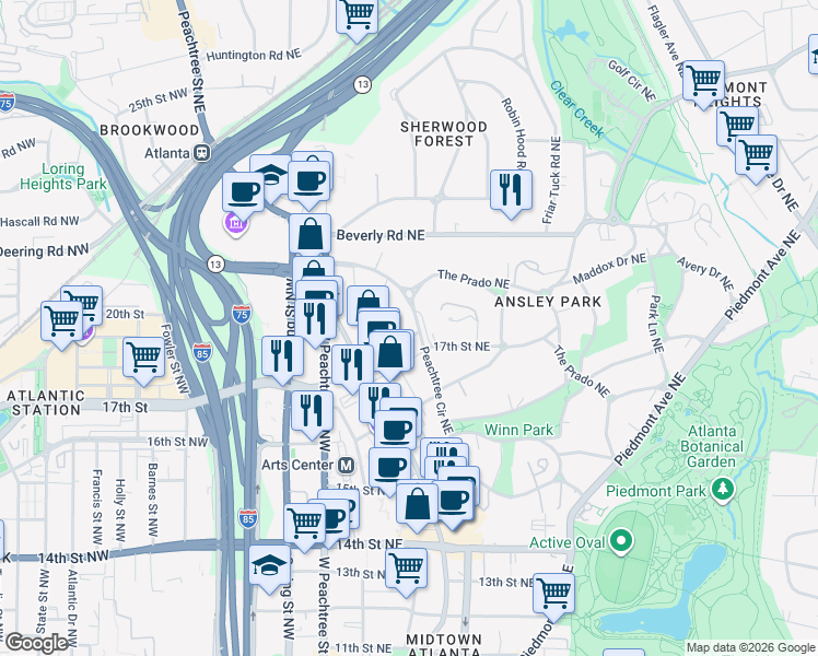 map of restaurants, bars, coffee shops, grocery stores, and more near 149 Peachtree Circle Northeast in Atlanta